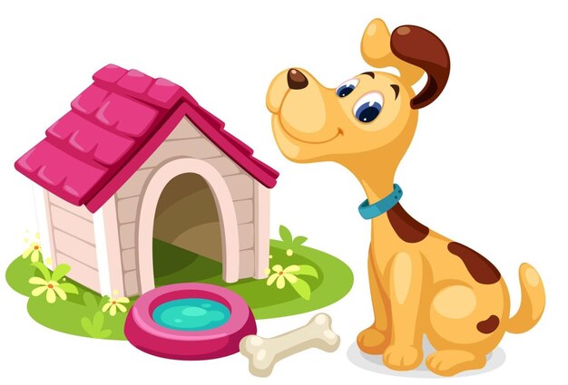 Vetor cão de desenho animado bonito com uma casa pequena