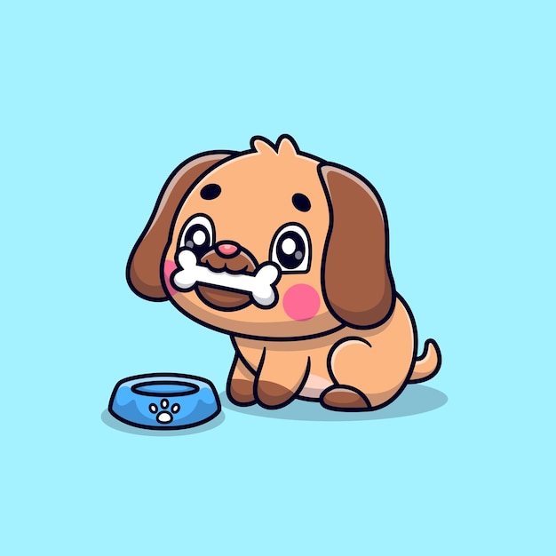 Cão de desenho animado bonito comendo osso sentado sorrindo ícone vetorial ilustração alimento animal