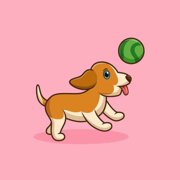 Vetor cão de desenho animado bonito corre ilustração vetorial de felicidade de jogo de bola