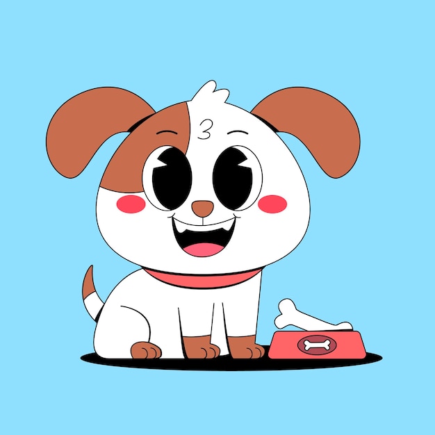 Cão de desenho animado feliz com um osso numa tigela