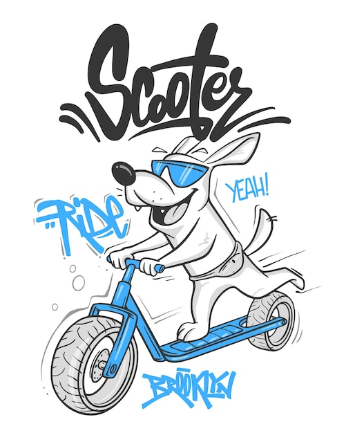 Cão de desenho animado montando uma scooter vector design de camiseta