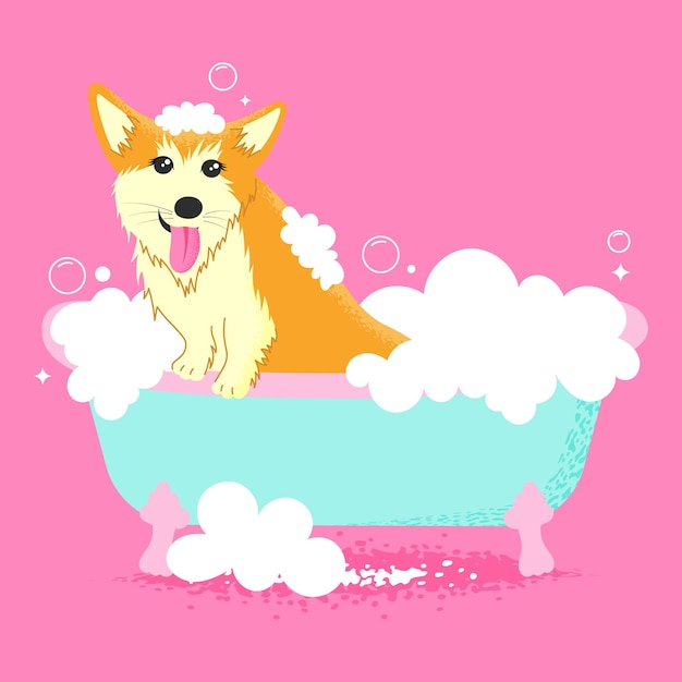 Cão de gengibre a tomar banho num banho de bolhas