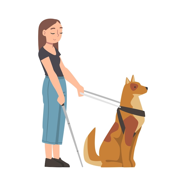Vetor cão de olho vidente guiando mulher cega animal treinado ajudando pessoa com deficiência reabilitação acessibilidade para deficientes ilustração vetorial de desenho animado