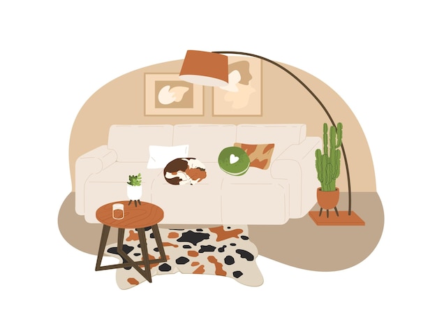 Cão dormindo enrolado no sofá em moderna sala de estar minimalista aconchegante com lâmpada de chão e plantas em vaso tapete de couro de vaca manchado fica no chão design de interiores modelo gráfico vetorial