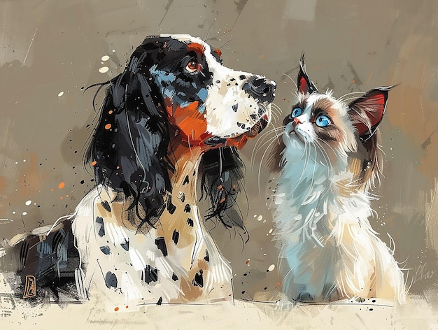 Cão e gato abraçados em estilo aquarela