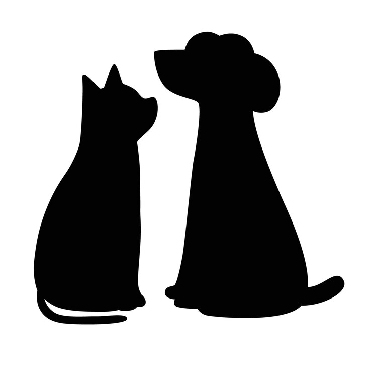 Vetor cão e gato bonitos melhores amigos cão de desenho animado ou cachorro e silhueta de gato