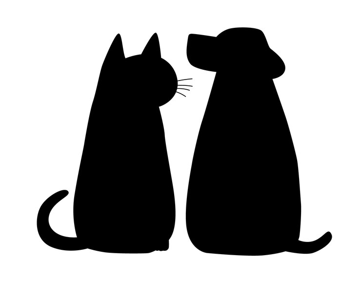 Vetor cão e gato bonitos melhores amigos cão de desenho animado ou cachorro e silhueta de gato