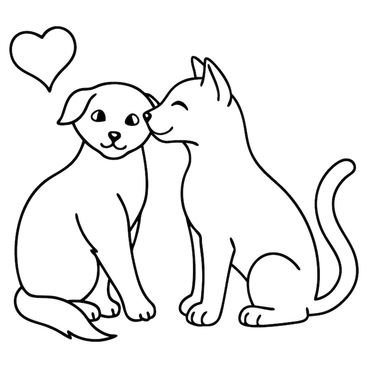 Vetor cão e gato bonitos olhando para o amor uma encantadora ilustração de arte de linha preta e branca com uma peça
