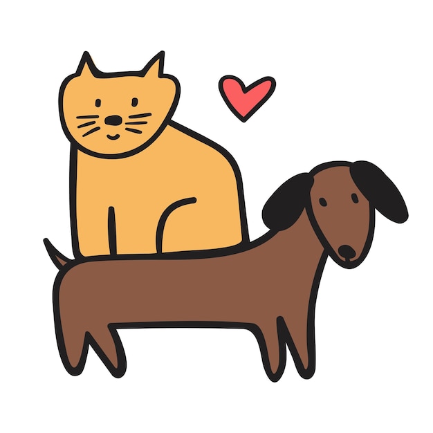 Cão e gato são amigos adopção de animais de estimação amizade entre animais ilustração vetorial desenhada à mão em fundo branco