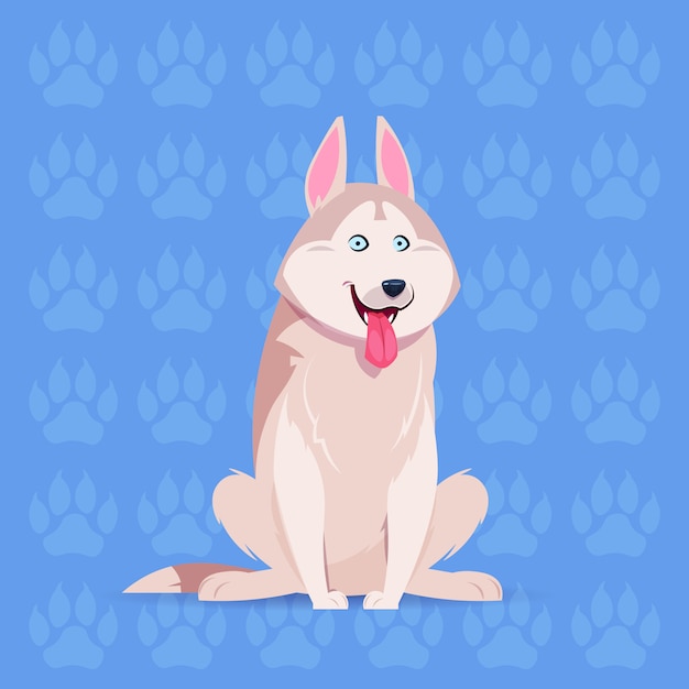 Cão husky feliz dos desenhos animados sentado sobre pegadas fundo bonito animal de estimação