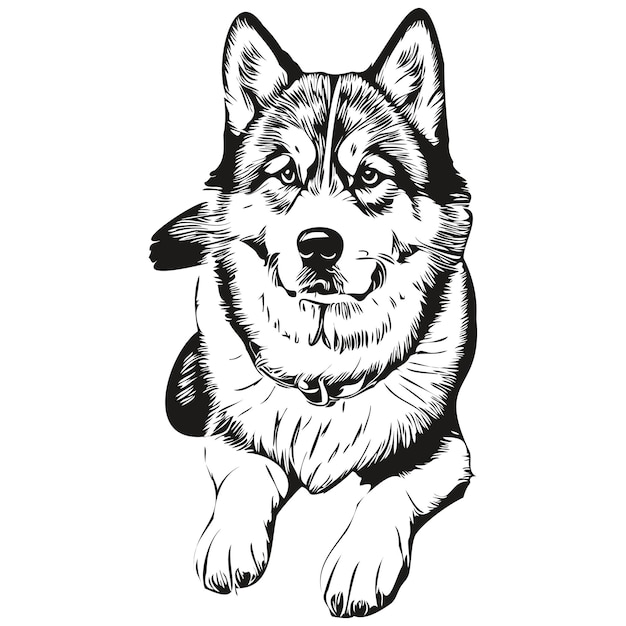 Vetor cão malamute gravado retrato vetorial rosto desenho vintage desenho em animal de estimação de raça realista preto e branco