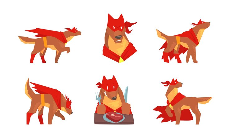 Vetor cão musculoso castanho em super-herói manto vermelho como vector de guarda