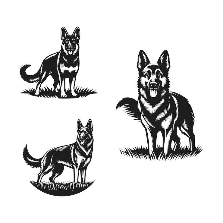 Vetor cão pastor alemão, preto e branco, ilustrações vetoriais, silhueta, conjunto, isolado, branco, fundo