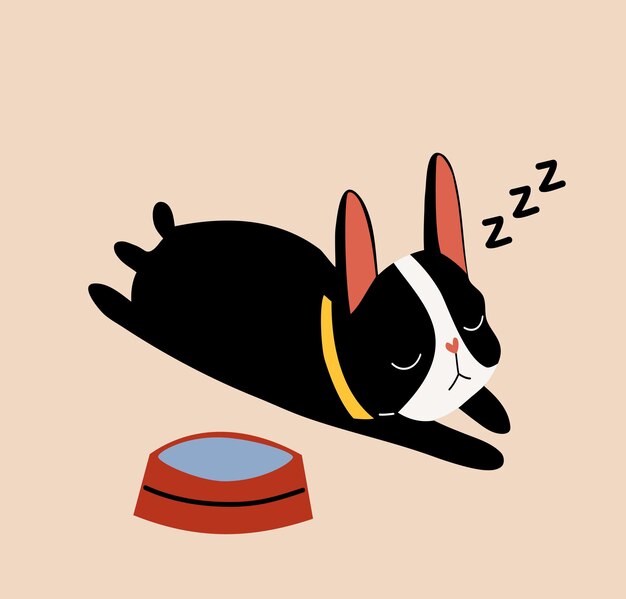 Cão preguiçoso, cachorrinho de bulldog francês adorável dormindo em ilustração vetorial de estilo desenho animado