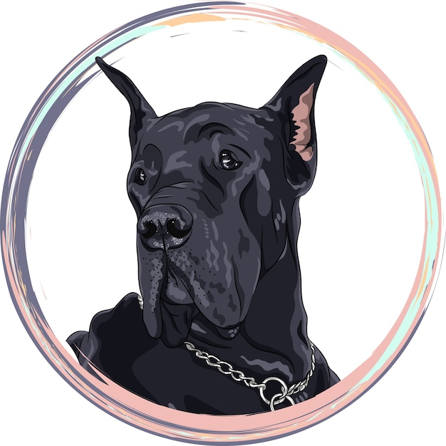 Vetor cão preto de retrato. cão da raça dogue alemão na moldura redonda.