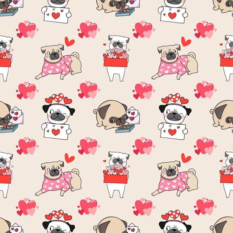 Vetor cão pug bonito padrão sem costura de dia dos namorados textura de design para impressão de tecido e papel