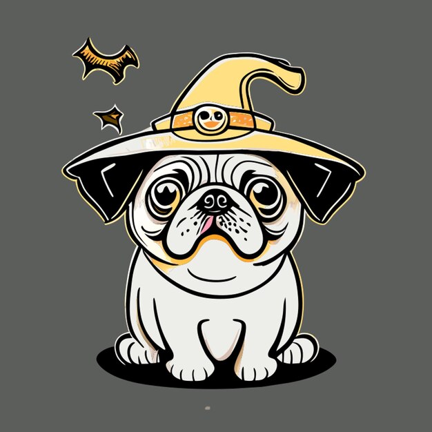 Vetor cão pug bonito vestindo chapéu de bruxa cartoon de ilustração vetorial de halloween