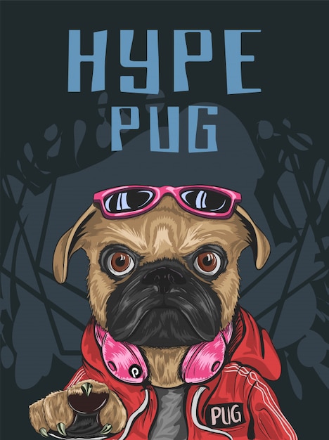 Cão Pug com estilo hype vestir vermelho mais doce, óculos escuros, fone de ouvido, olhar sério