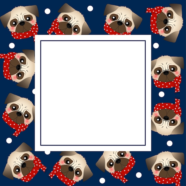 Cão pug com lenço vermelho na bandeira azul marinho