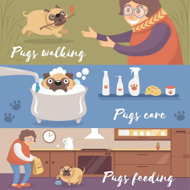 Cão pug engraçado bonito em diferentes situações, pugs andando, cuidando e alimentando ilustrações coloridas