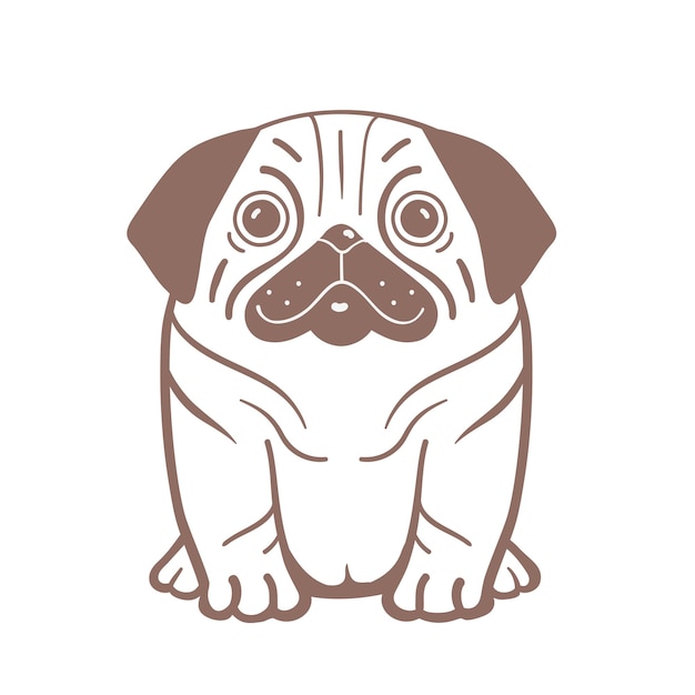 Cão pug engraçado sério, desenho animado da caricatura do cão monocromático. contorne o design animal feliz para colorir a página ou o livro ou o design do ícone. ilustração vetorial