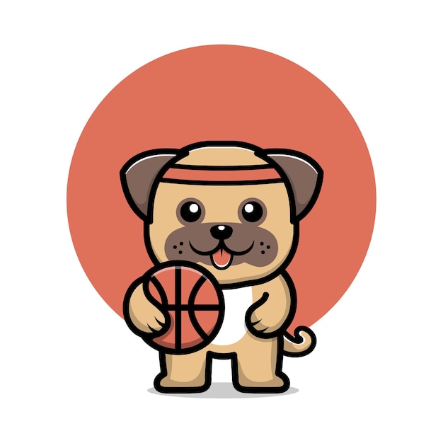 Cão pug fofo jogando bola de basquete personagem de desenho animado