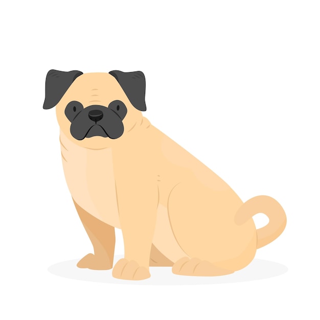 Cão pug sentado pug de raça de cachorro fofo ilustração vetorial isolada no fundo branco