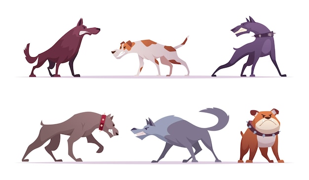 Cão raivoso animal agressivo de zumbi de horror em poses de ação cães raivosos loucos conjunto de ilustrações de desenhos animados vetoriais exatos