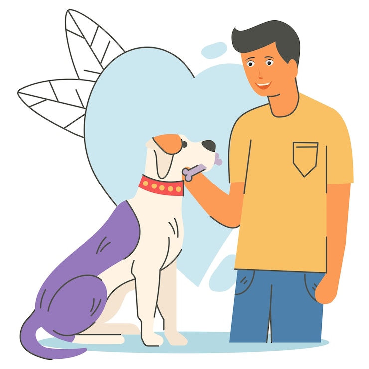 Vetor cão segurando osso e de pé com conceito de comunicador homem abraçando design vetorial de cachorro cuidados com animais de estimação