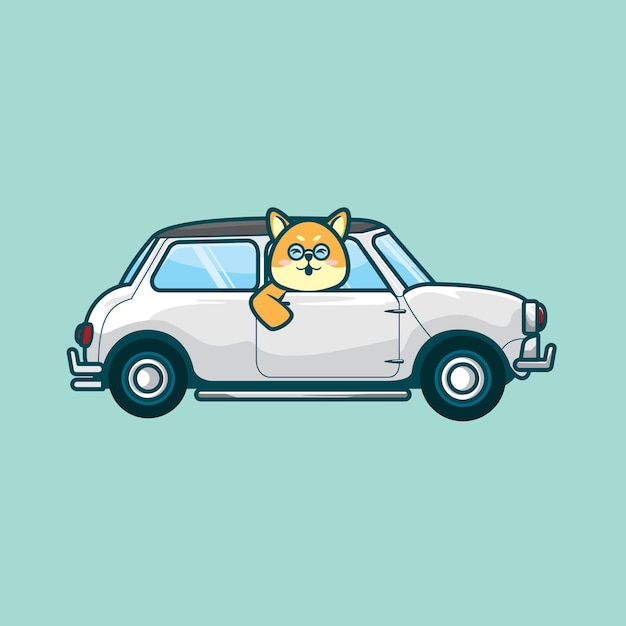 Cão shiba inu bonitinho dirigindo desenho animado de carro ilustração vetorial de minimalismo plano