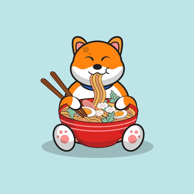 Cão shiba inu fofo comendo ramen cartoon vetor ilustração plana