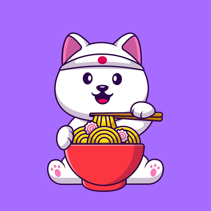 Cão Spitz bonito comendo macarrão Ramen Cartoon Vector ícones ilustração.