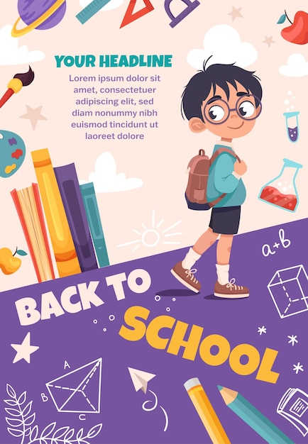 Capa de caderno de volta à escola design de bandeira vetorial com crianças bonitas e elemento educacional Poster