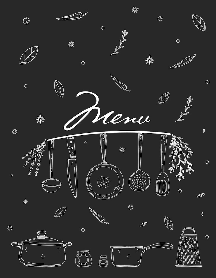 Vetor capa de menu com tempero de utensílios de cozinha desenhados à mão e letras em um quadro-negro