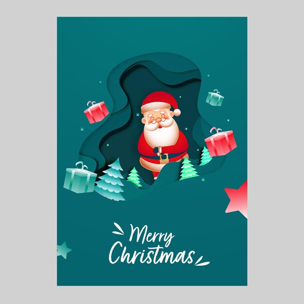 Capa de papel azul com fundo com árvores de Natal caixas de presentes realistas e desenho animado de Papai Noel para a celebração do Feliz Natal