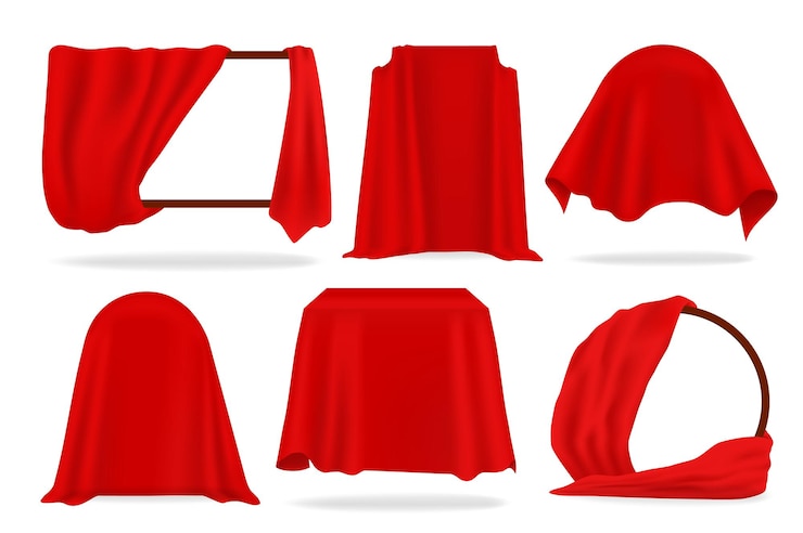 Vetor capa de seda vermelha. cortinas abertas 3d, realistas cobertas com objetos de pano vermelho, guardanapos e toalha de mesa. tecido luxuoso de ilustração vetorial definido para decoração de moda isolado no fundo branco