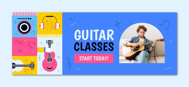 Vetor capa do facebook de aulas de guitarra desenhadas à mão