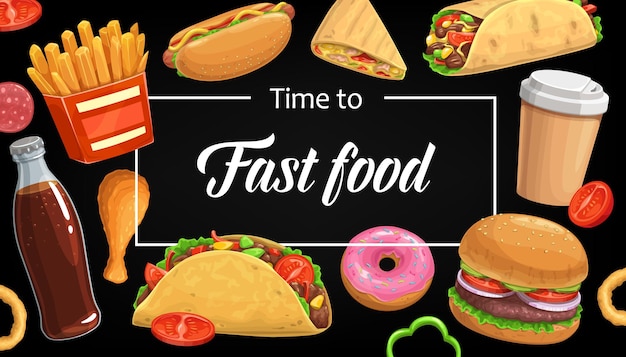 Capa do menu de fast food, hambúrguer com batatas fritas. Cola, café e rodelas de cebola com doner kebab ou burritos com cachorro-quente. Refeições e bebidas de comida de rua. Cartaz de desenho animado com hambúrguer e lanches combinados