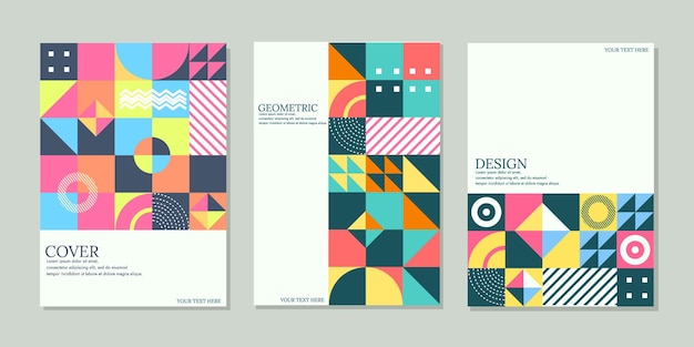 Capa neo geométrica colorida. Grade com formas geométricas de cor. Conjunto de padrão abstrato moderno