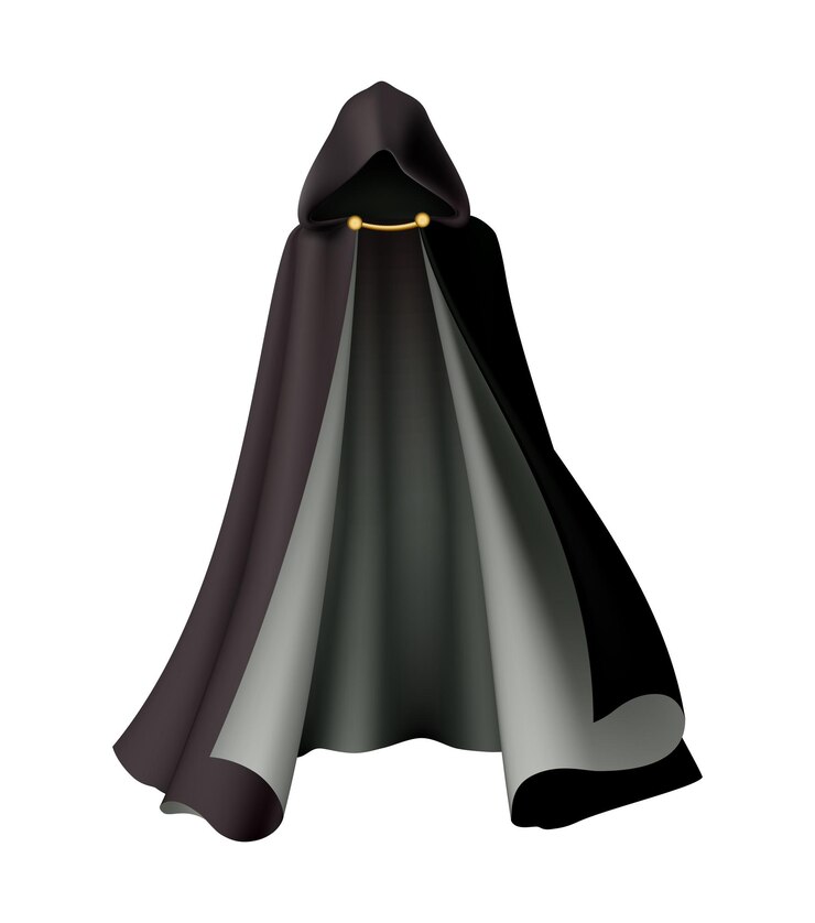 Vetor capa preta com capuz com detalhes dourados para ilustração vetorial realista de fantasia de halloween