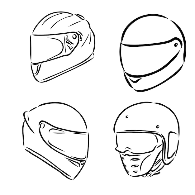 Capacete de motocicleta, contorno desenhado à mão, ícone de doodle, proteção de moto e equipamento de segurança de velocidade