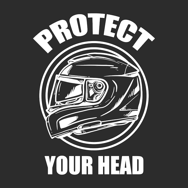 Capacete de motocicleta desenhada de mão com slogan proteger a cabeça. estilo de vetor preto e branco. ilustração vetorial