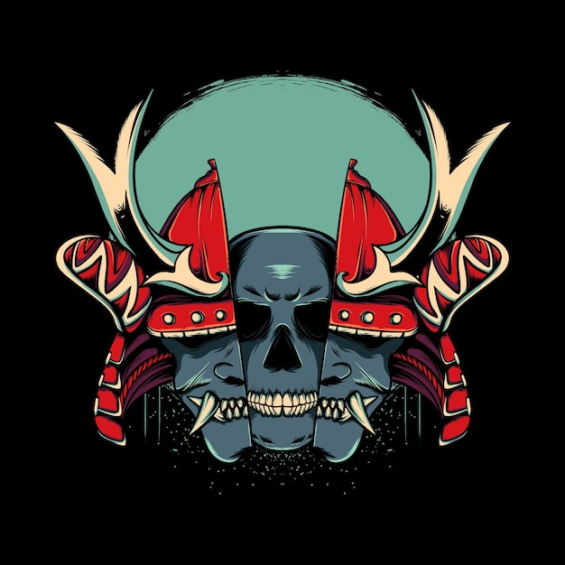 Capacete de samurai japonês dividido com ilustração de caveira e lua em fundo preto