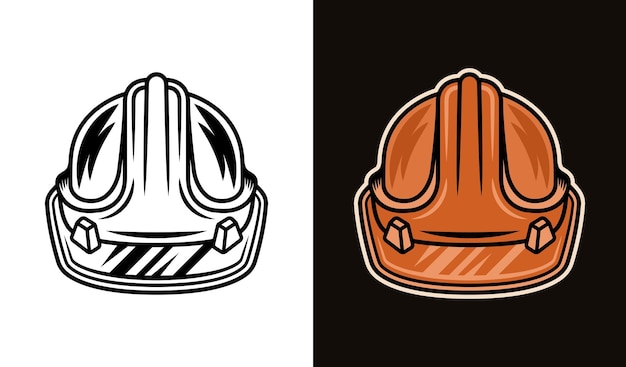 Capacete de trabalho de dois estilos preto em branco e colorido em ilustração vetorial de fundo escuro