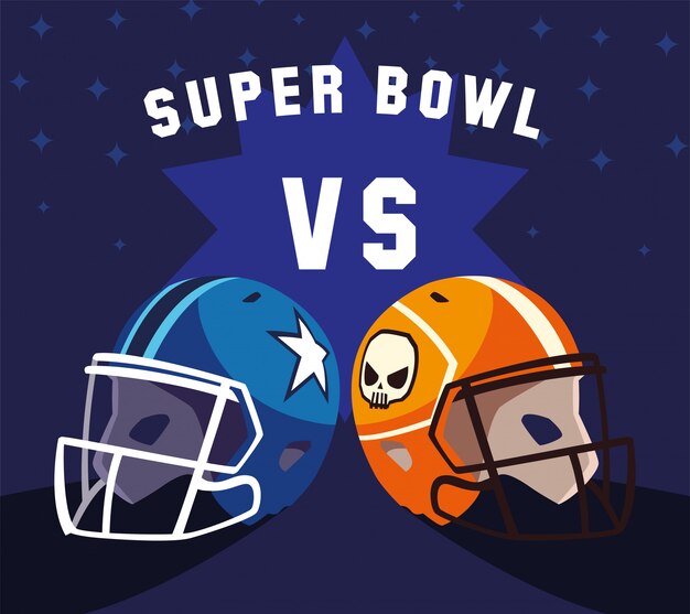 Capacetes de futebol americano com rótulo de super bowl