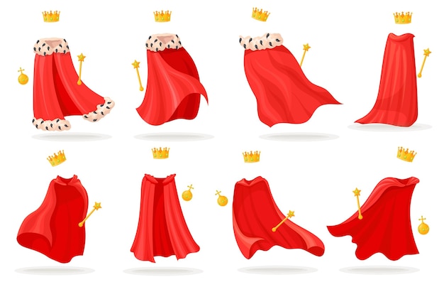 Capas reais manto de rei invisível capa vermelha monarquia atributos de coroação cetro coroa esfera rainha roupa de princesa roupa medieval vestido roupa desenho animado ilustração vetorial limpa