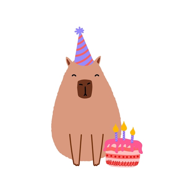 Capibara bonito com bolo em ilustração vetorial de estilo plano para roupas infantis de festa de cartão
