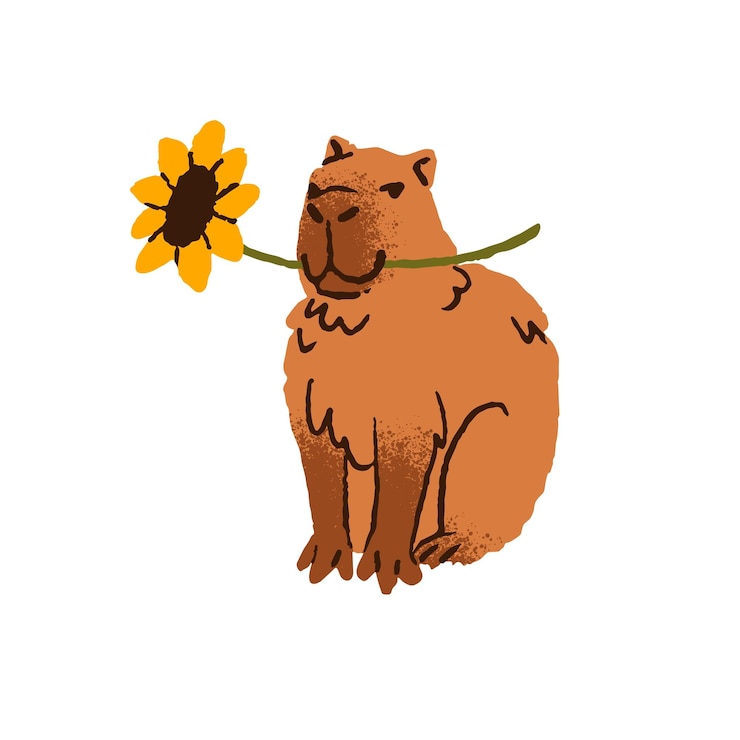 Vetor capibara engraçado segura girassol na boca capibara bonito come flor rodente engraçado com planta em flor animal feliz com comida fresca vegetação ilustração vetorial isolada plana desenhada à mão em branco