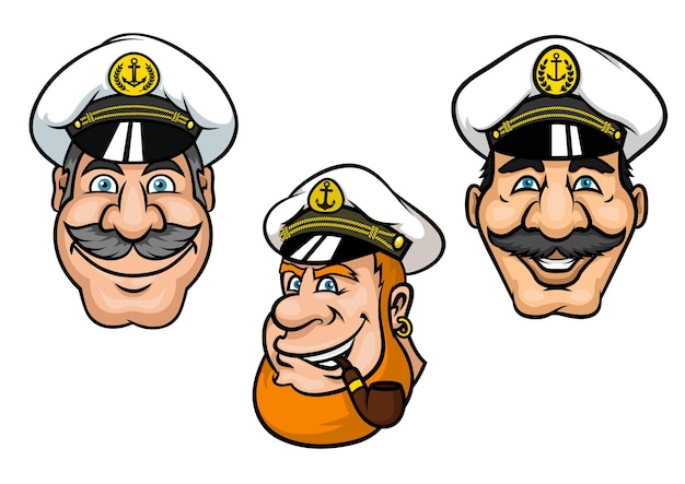 Capitães de navios em estilo cartoon com homens alegres e sorridentes