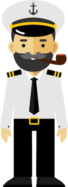 Vetor capitão de navio em uniforme de mar com barba e cachimbo de fumo em estilo plano